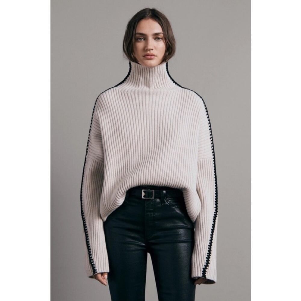 Rag & Bone Ingrid Turtleneck Sweater Ivory Wool Rib Knit Size L